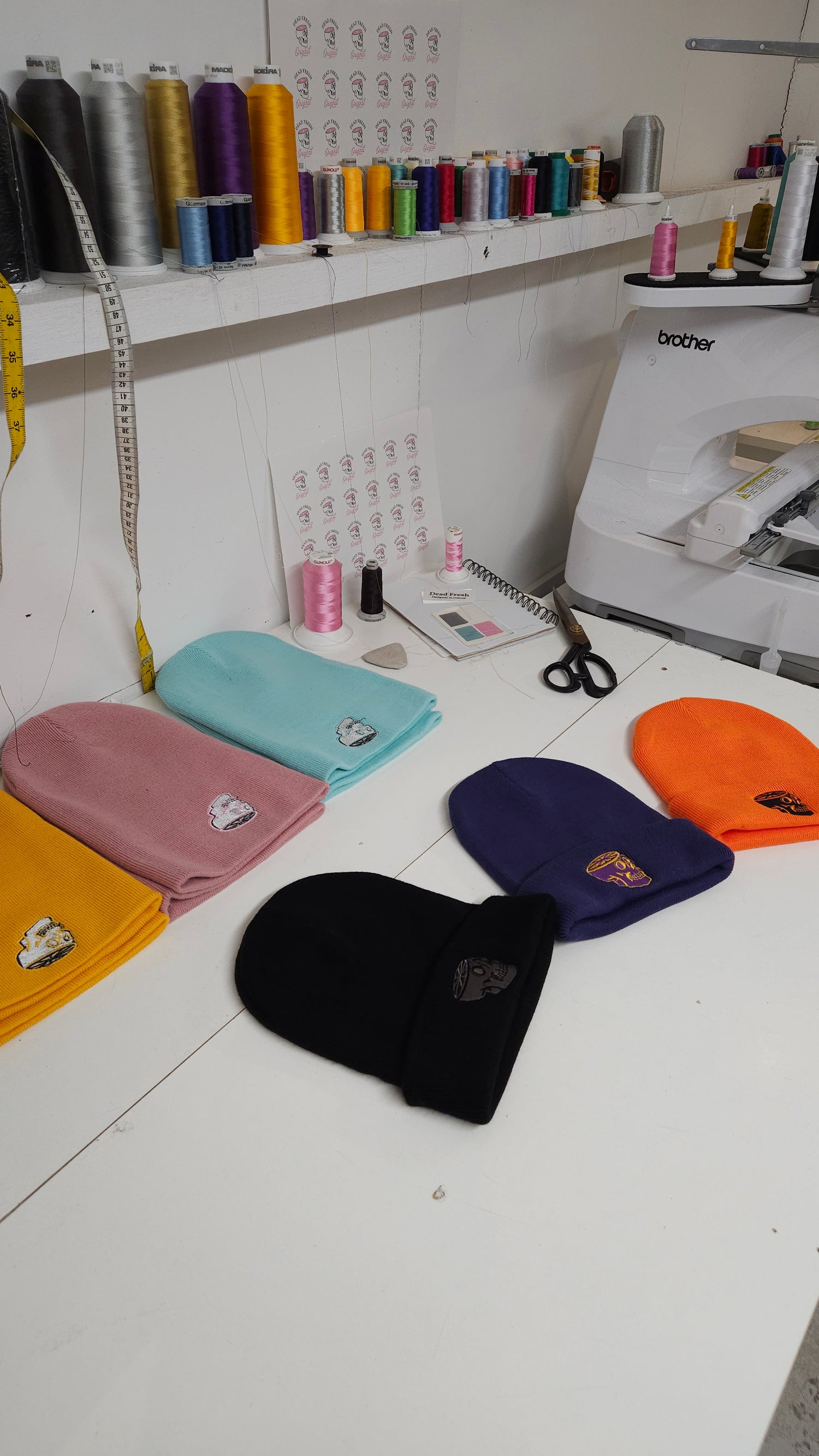 Beanies being embroidered at Dead Fresh Original studio
